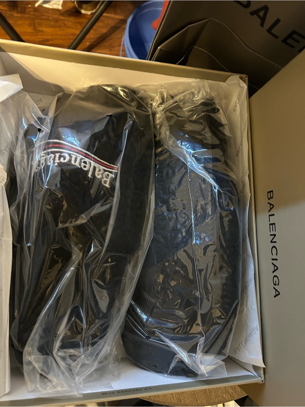 Balenciaga Black Slide Sandals with White and Red Logo Trim